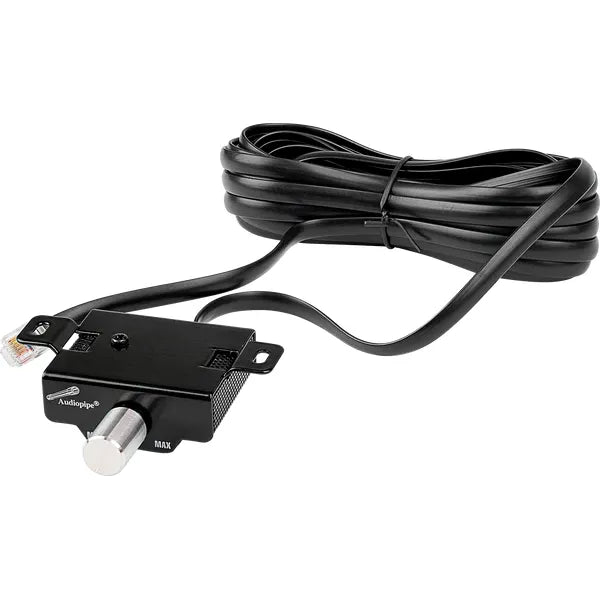 Black remote bass control module with RCA-style cable and included mounting hardware