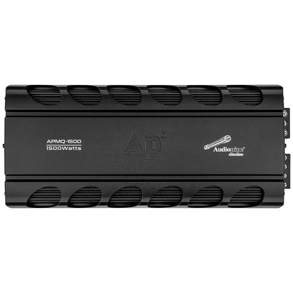 Audiopipe APMQ-1500 amplifier front panel, black chassis with oval vent cutouts