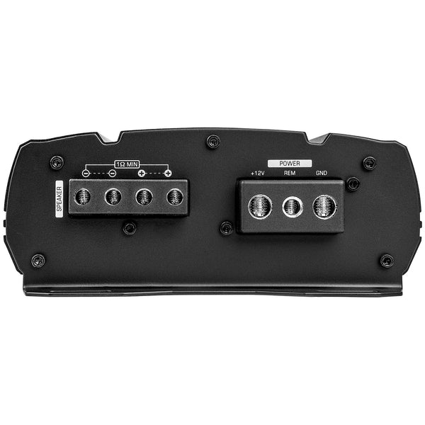 Audiopipe APMQ-1500 amplifier terminal side with speaker input options and power markings