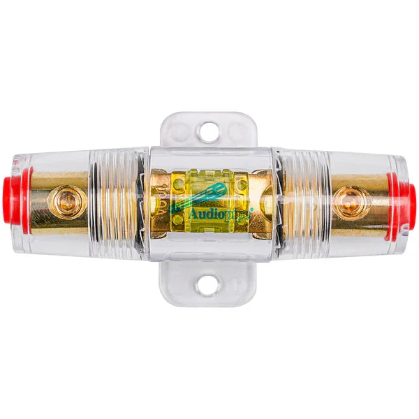 Audiopipe inline fuse holder with clear cover, gold fuse, and red end caps