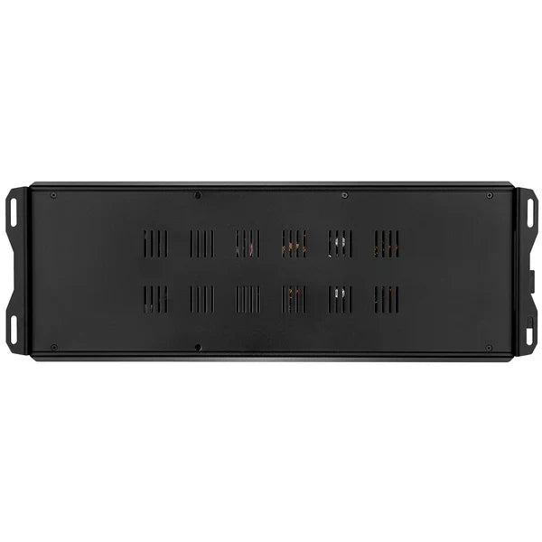 Black monoblock amplifier rear with vent slots and side mounting brackets