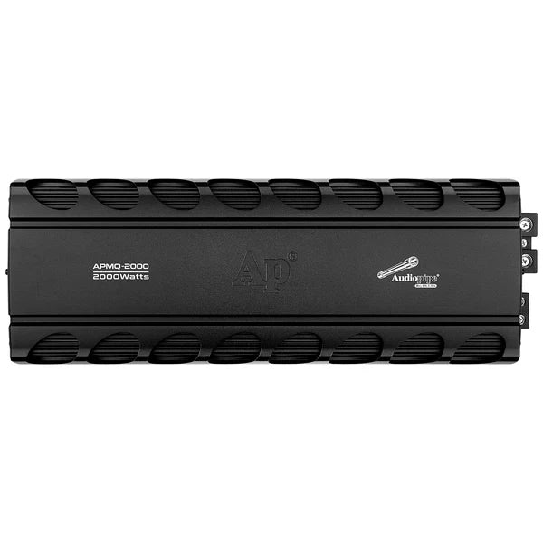 Black monoblock amplifier top panel with vented grille and printed logo labels