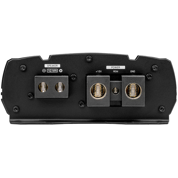 Black amplifier rear panel with speaker terminals and power/ground connectors
