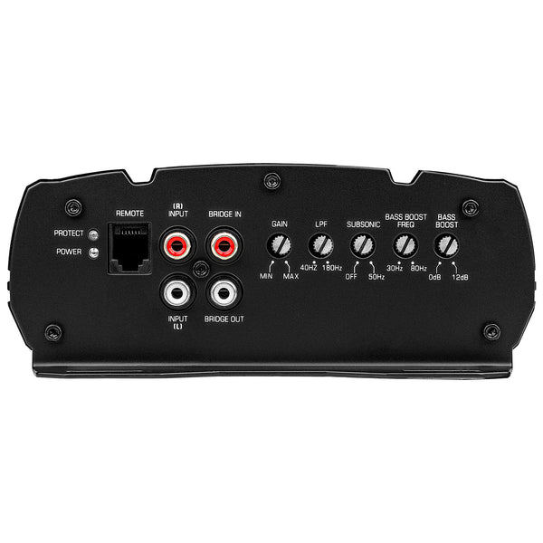Black amplifier control side with RCA inputs, gain and crossover dials, bass boost