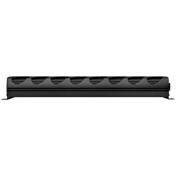 Black monoblock amplifier profile with long vented grille and low-profile frame