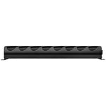 Black monoblock amplifier profile with long vented grille and low-profile frame