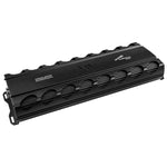 Black monoblock amplifier with vented circular cutouts and mounting brackets