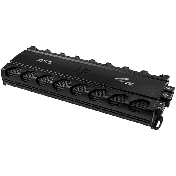 Audiopipe monoblock amplifier with black vented heatsink grille and side brackets
