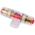 In-line amplifier fuse holder with transparent body and red terminal caps