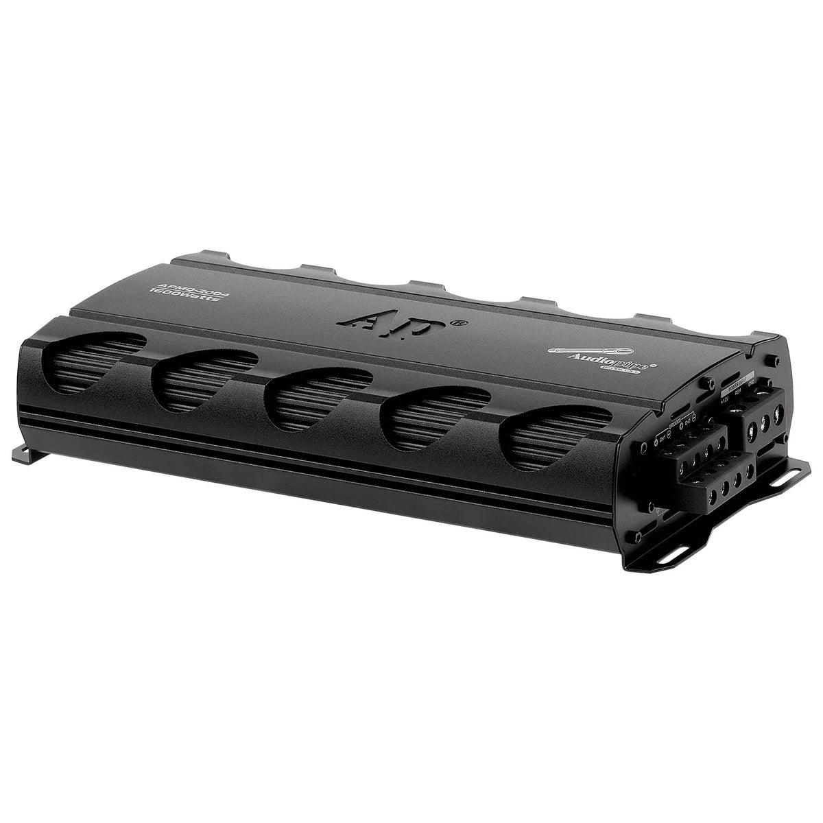 Audiopipe 4-channel car amplifier top view with cooling grille and control labels