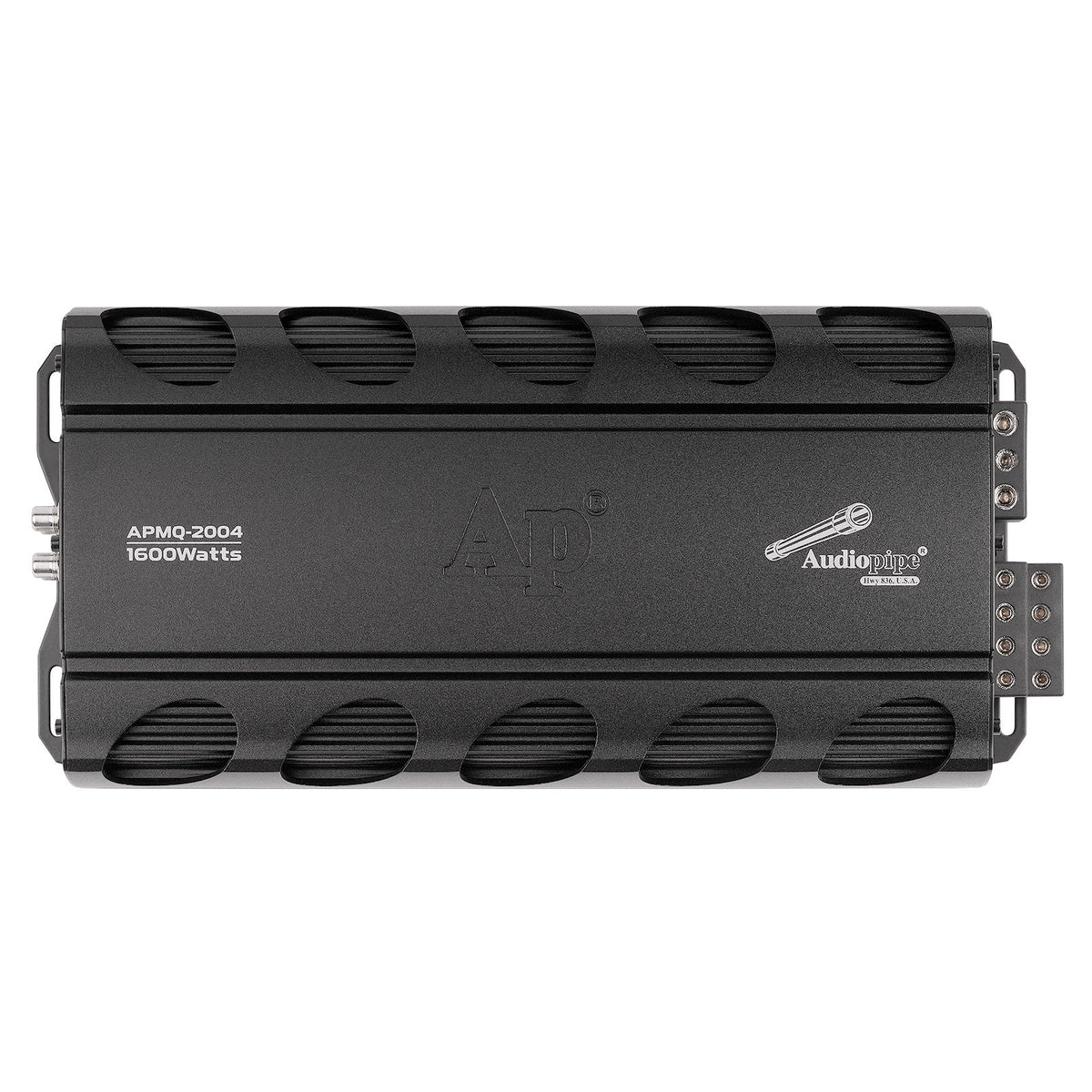 Audiopipe 4-channel car amplifier front panel with model markings and logo