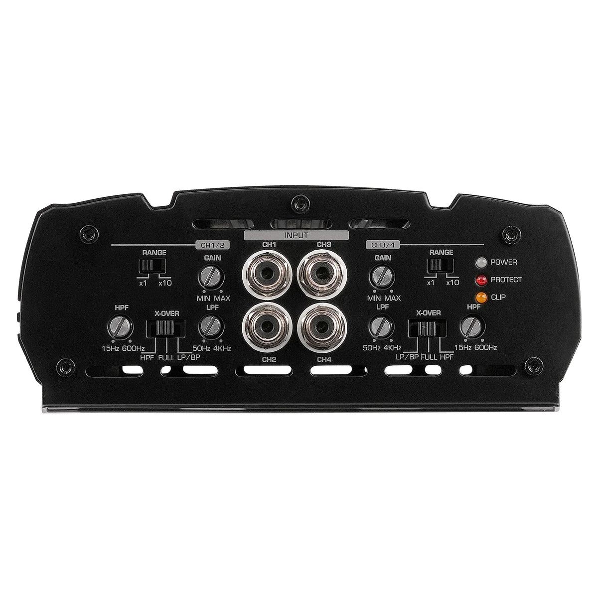 Audiopipe car amplifier rear control panel with gain and crossover adjustment knobs