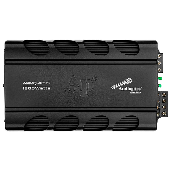 Black 4-channel car amplifier front with four ventilation grilles and rear connectors