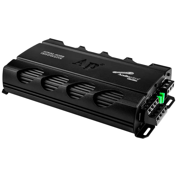 Audiopipe black 4-channel car amplifier with cooling vents and side input/output connectors