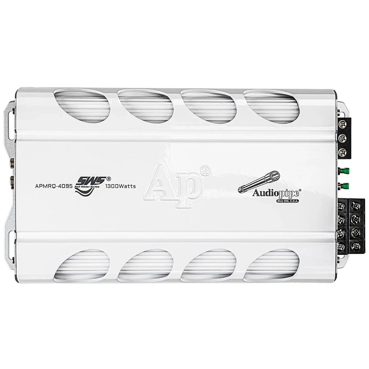 Audiopipe APMRQ-4095 mini design marine amplifier top view with four oval cooling vents