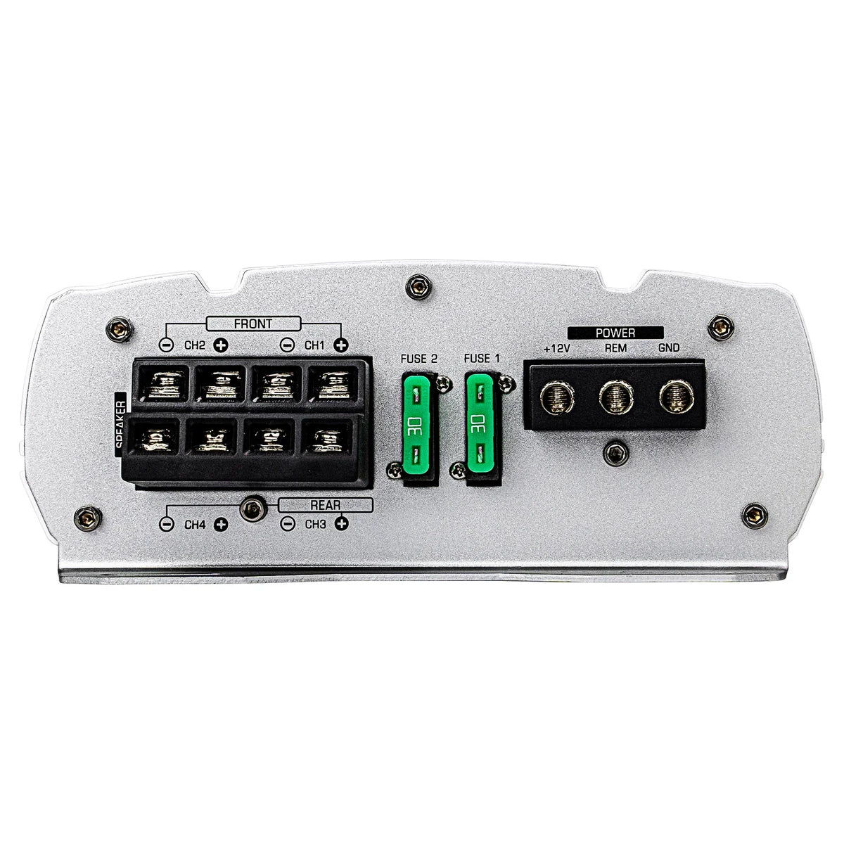 Audiopipe APMRQ-4095 mini design marine amplifier rear controls, fuse slots and power terminals