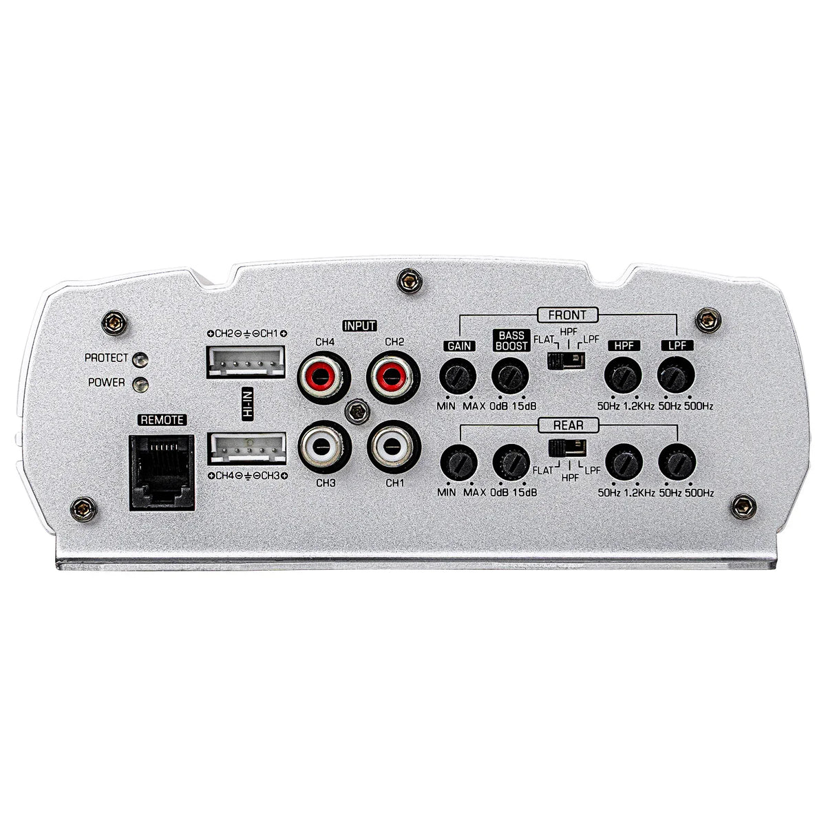 Marine 4-channel amplifier rear panel with RCA inputs, gain controls, and terminals