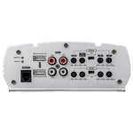 Marine 4-channel amplifier rear panel with RCA inputs, gain controls, and terminals
