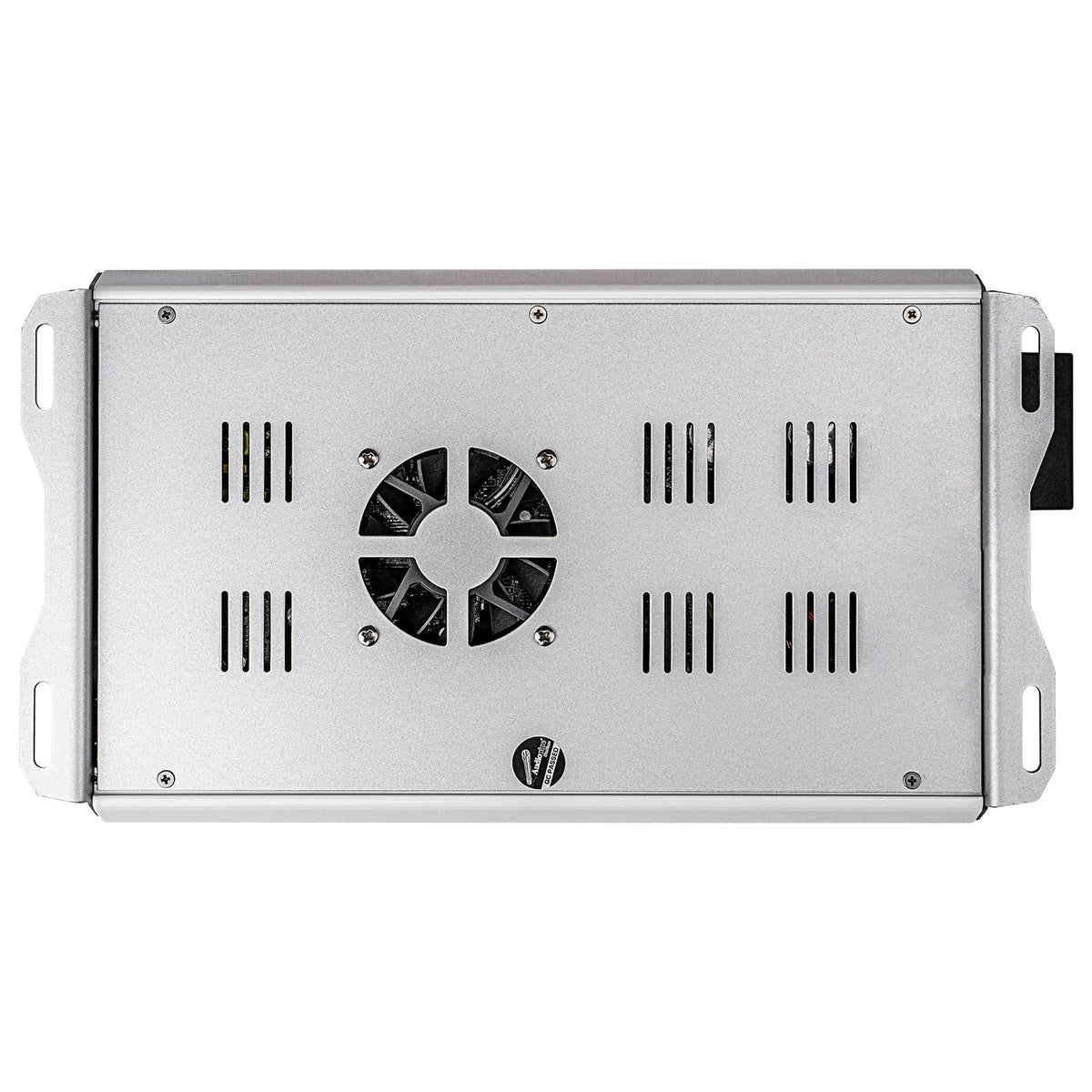 Marine 4-channel amplifier with front grille fan vents and metal case