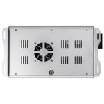 Marine 4-channel amplifier with front grille fan vents and metal case