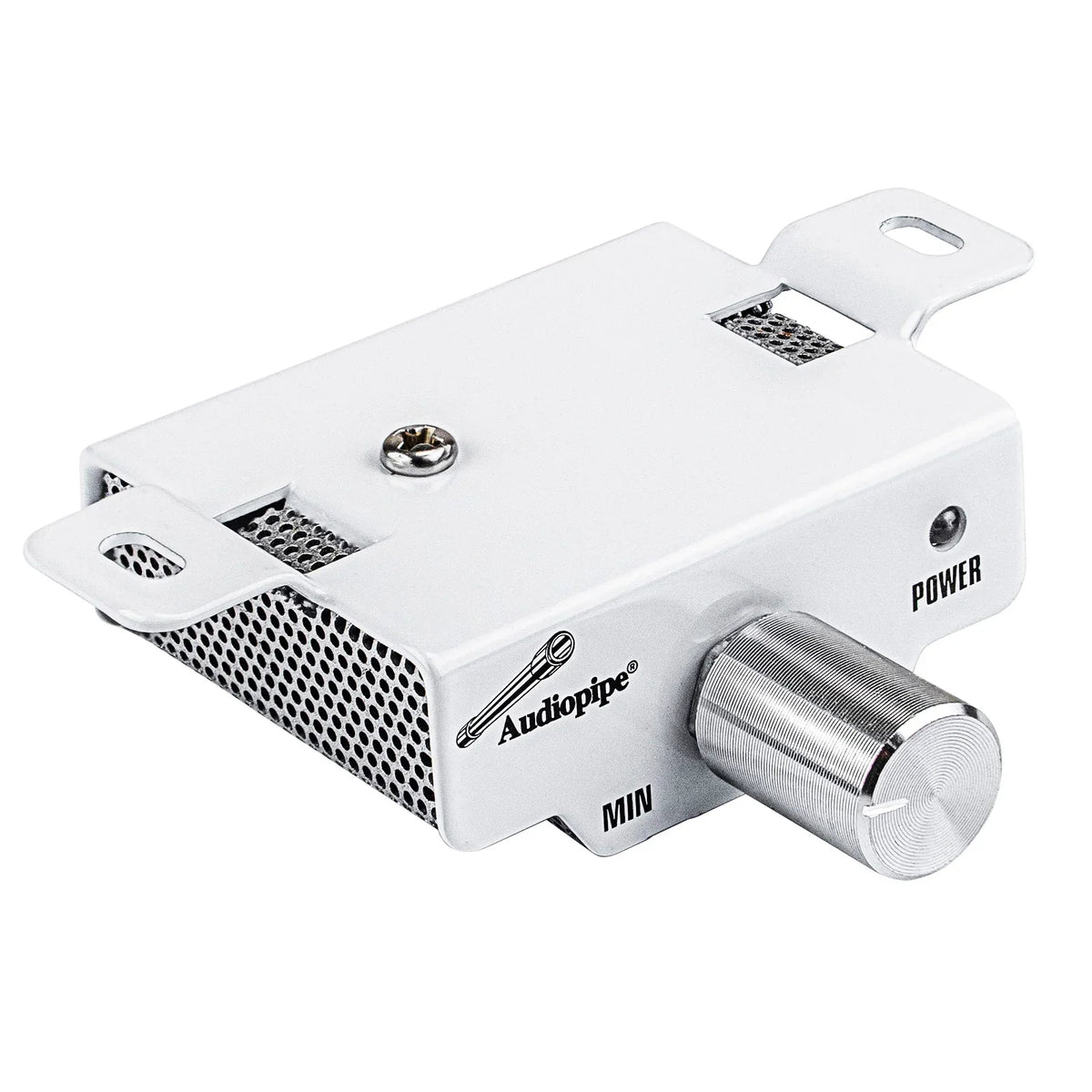Audiopipe APMRQ-4095 mini design marine amplifier, power label and MIN/MAX control knob