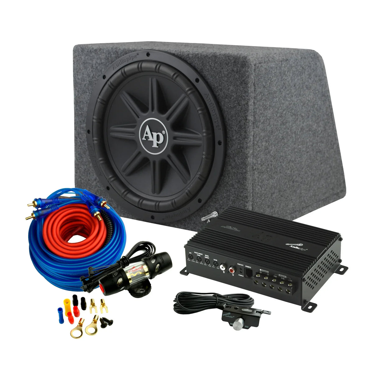 Car subwoofer bass package with 12in enclosed speaker, wiring kit, and amplifier