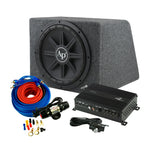 Car subwoofer bass package with 12in enclosed speaker, wiring kit, and amplifier