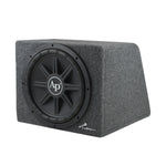 12in car subwoofer in gray carpeted enclosure, black speaker cone