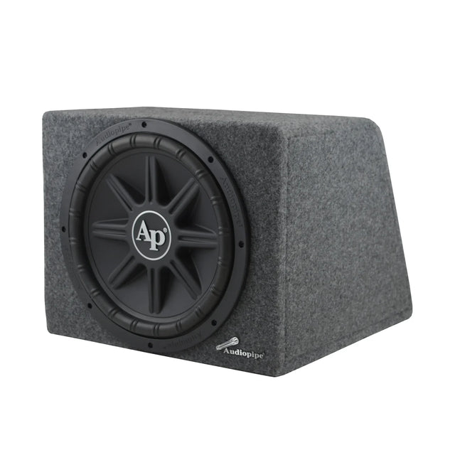 12in car subwoofer in gray carpeted enclosure, black speaker cone