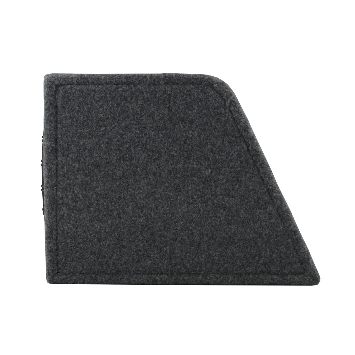 Gray carpeted subwoofer enclosure cover, left side view