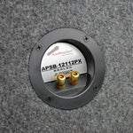 Subwoofer terminal plate with Audiopipe APSB-12112PX label and gold connectors