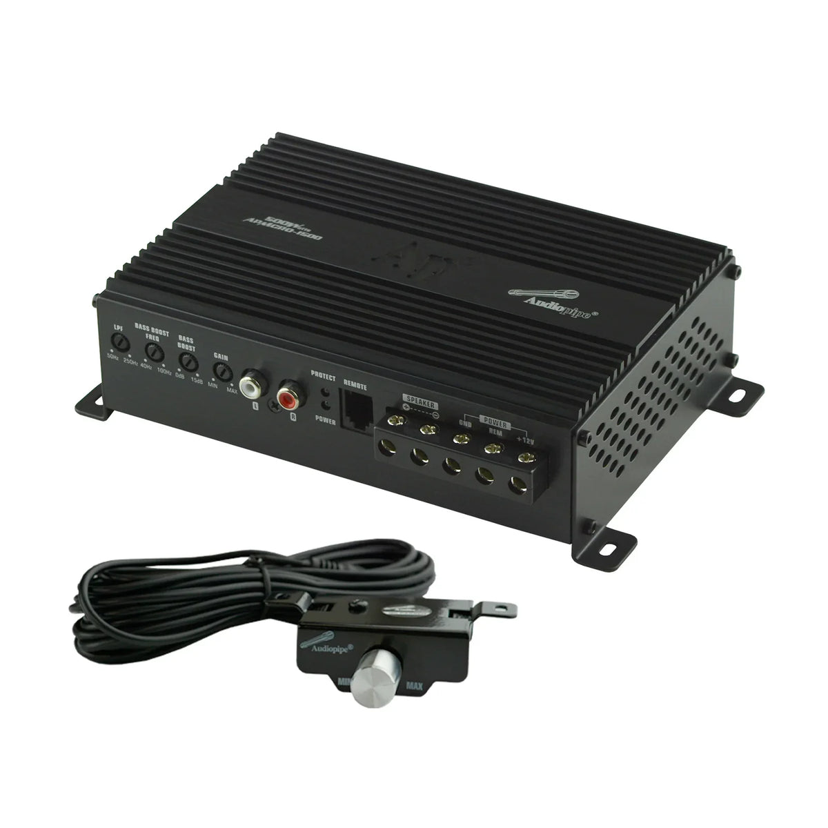 Black bass amplifier with inputs and mounting bracket plus remote wire