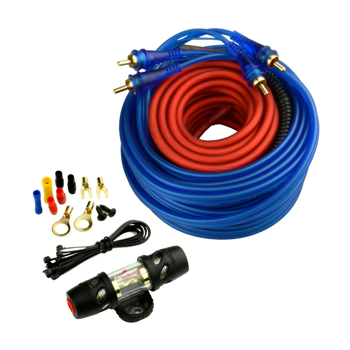 Red and blue wiring kit with gold connectors and fuse holders for car audio