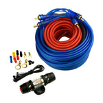 Red and blue wiring kit with gold connectors and fuse holders for car audio