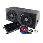 Car audio subwoofer enclosure with two 12-inch woofers, amp, and wiring kit