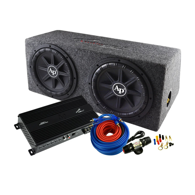 Car audio subwoofer enclosure with two 12-inch woofers, amp, and wiring kit