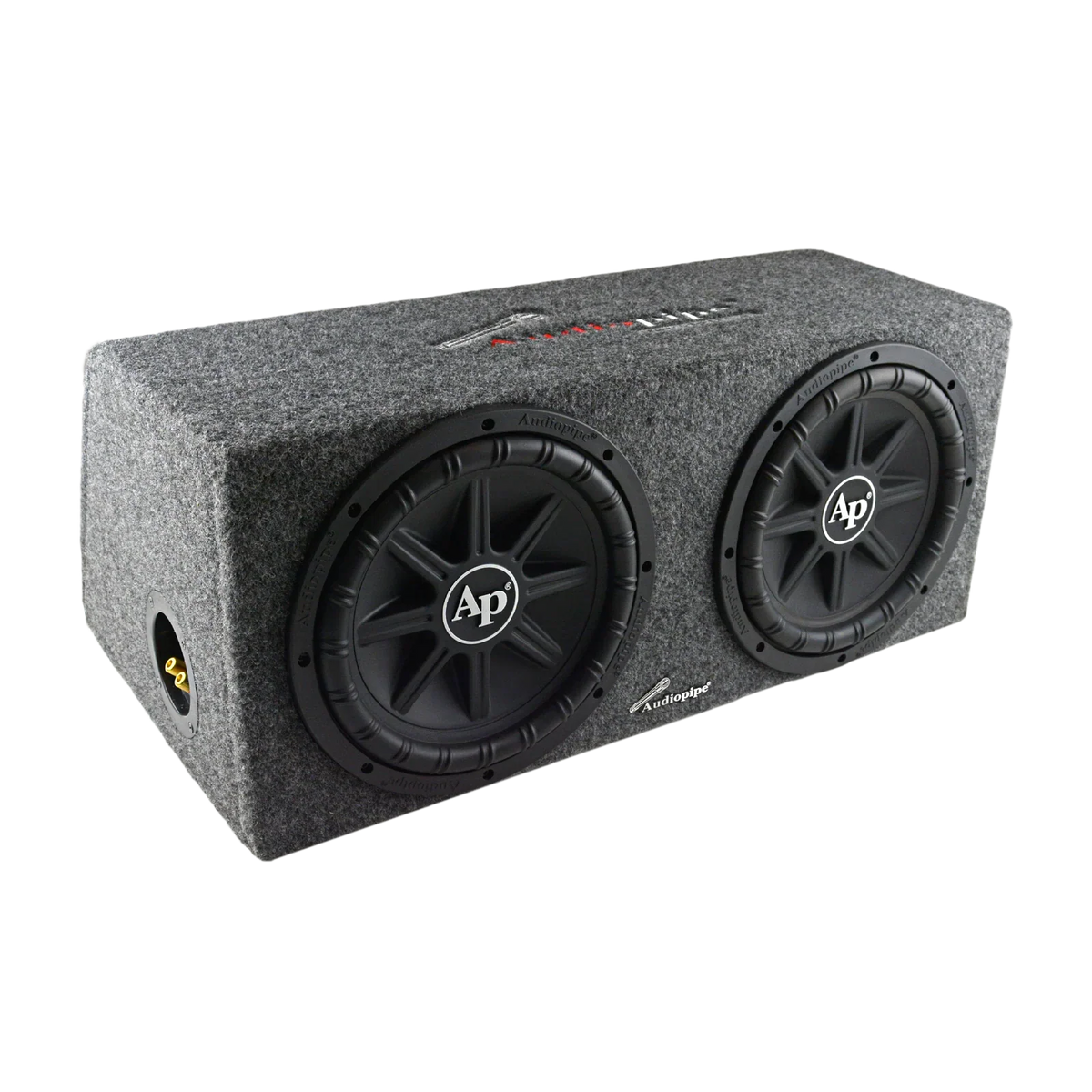 Car audio subwoofer enclosure with two black 12-inch woofers in gray housing