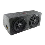 Car audio subwoofer enclosure with two black 12-inch woofers in gray housing