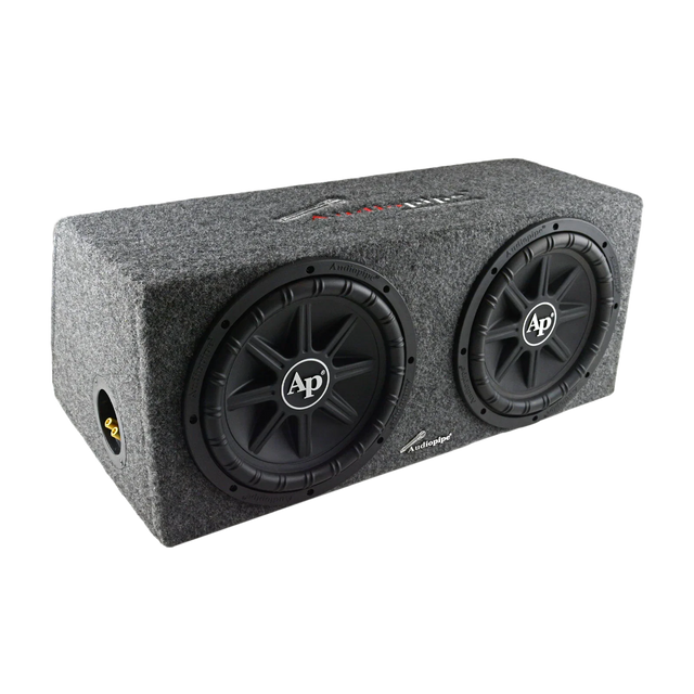 Car audio subwoofer enclosure with two black 12-inch woofers in gray housing