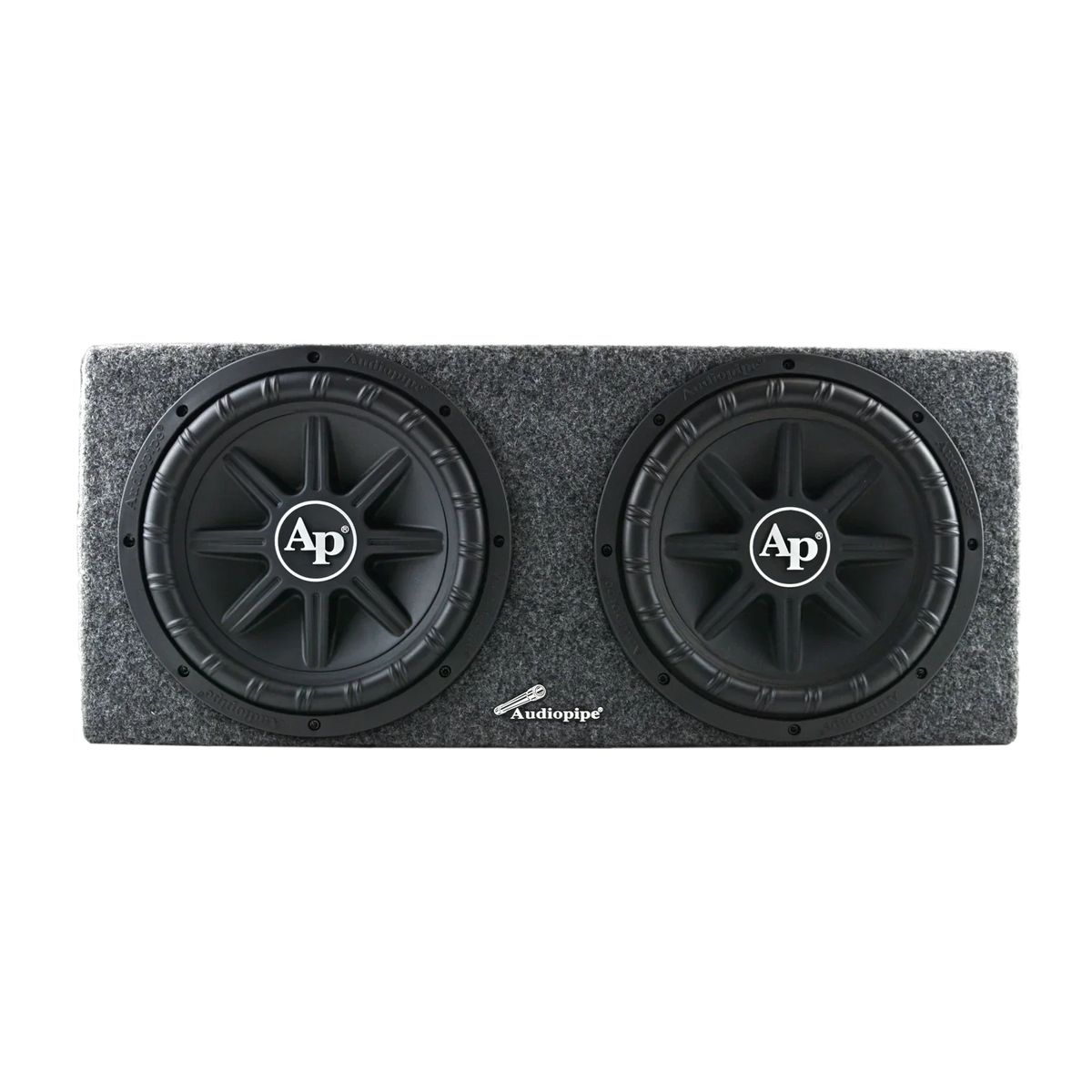 Dual 12-inch subwoofer enclosure with two black woofers in gray carpeted box