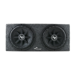 Dual 12-inch subwoofer enclosure with two black woofers in gray carpeted box