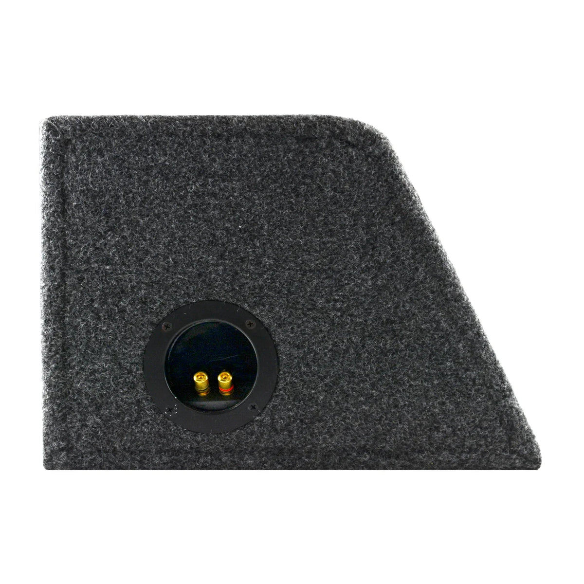 Gray subwoofer enclosure end panel with dual gold connector ports