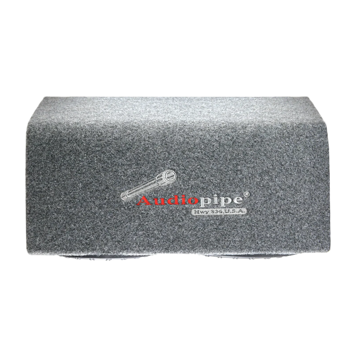Gray carpeted subwoofer enclosure with Audiopipe logo on the back
