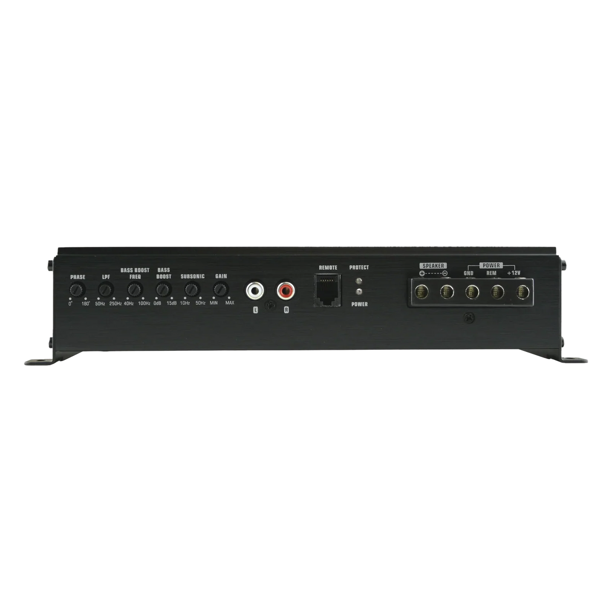 Black car amplifier with control knobs, input/output ports, and mounting feet
