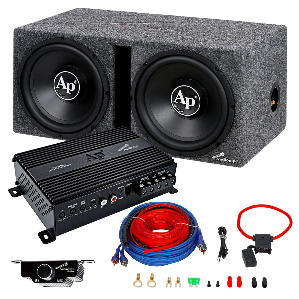 Car audio bass package with twin black subwoofers, amplifier, and wiring kit