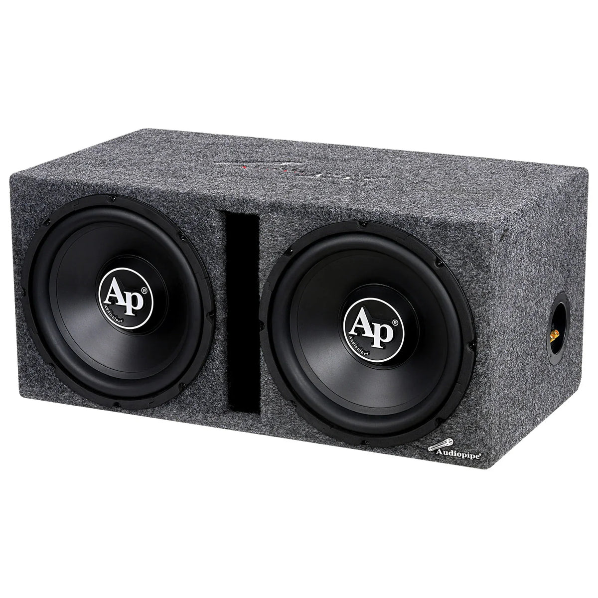 Dual black subwoofers in gray carpet enclosure with side Audio pipe logo