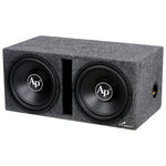 Dual black subwoofers in gray carpet enclosure with side Audio pipe logo