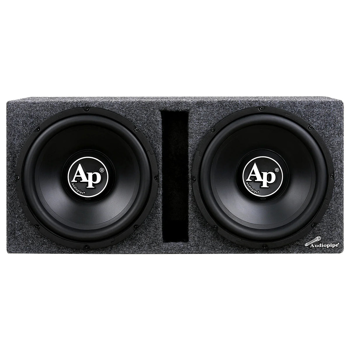 Dual black subwoofers in gray carpet enclosure with center divider slot