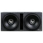 Dual black subwoofers in gray carpet enclosure with center divider slot