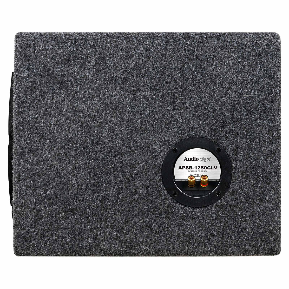 Gray carpet subwoofer enclosure back panel with connection label APSB-1250CLV